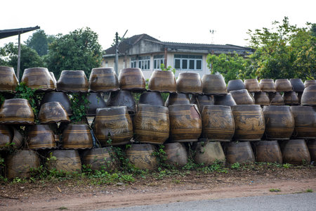Pots at an old Pottery Factory in the city and Province of Ratchaburi in Thailand, Thailand,...