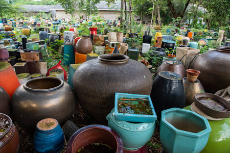 Pots at the Tao Hong Tai Ceramics Shop and Factory in the city and Province of Ratchaburi in...