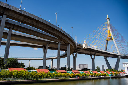 The Bhumibol Bridge over Choa Phraya River in Town of Phra Pradaeng in Samut Prakan Province in...