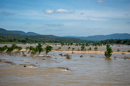 confluence of Mekong River and Mun River at Two Color River viewpoint in Town of Khong Chiam in...