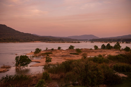 confluence of Mekong River and Mun River at Two Color River viewpoint in Town of Khong Chiam in Province of Ubon Ratchathani in Thailand. Thailand, Khong Chiam, November, 27, 2023のeditorial素材