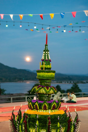 a Krathong at Loy Krathong Festival in Town of Khong Chiam in Province of Ubon Ratchathani in...