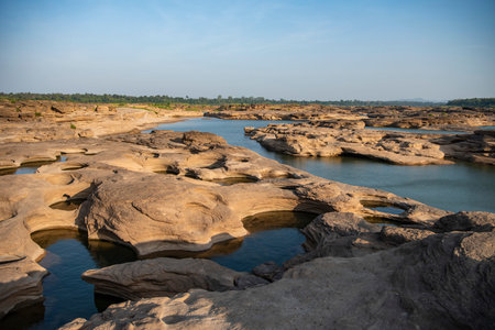 Kaeng Sam Phan Bok Canyon at Ban Song Khon Village at Mekong River in Province of Ubon Ratchathani in Thailand. Thailand, Khong Chiam, November, 28, 2023のeditorial素材