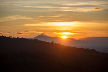 The sunrise view from Wat Sirindhorn Wararam Phu Prao Temple in Province of Ubon Ratchathani in...