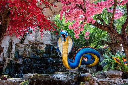 large cobra snake figure at Wat Saman Rattanaram in city Mueang Chachoengsao City in Province of...