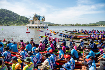 Dragonboat or Longboat Teams in front of Royal pavilion on Lake Khao Tao at Longboat race of Hua Hin...