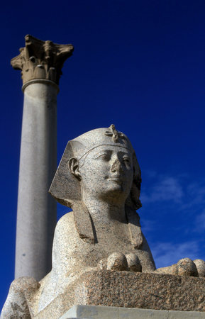 a Sphinx at the Pompei Pillar Column Park in the City Center of Alexandria on the Mediterranean Sea...