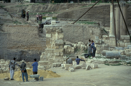 the archaeological site at the Pompei Pillar Column Park in the City Center of Alexandria on the...