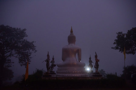 Night and Fog at Wat Sapan at Sapan Town and Valley in Province of Nan in North Thailand. Thailand, Sapan, November, 20, 2024.のeditorial素材