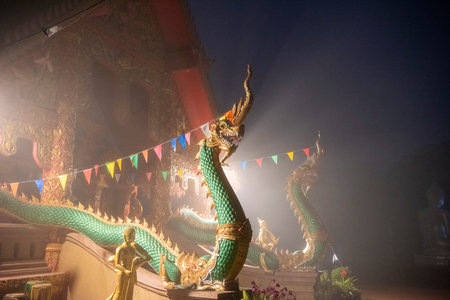 Night and Fog at Wat Sapan at Sapan Town and Valley in Province of Nan in North Thailand. Thailand, Sapan, November, 20, 2024.のeditorial素材