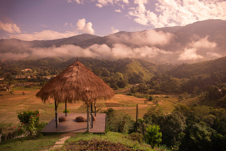 Morning Fog at Viewpoint over Sapan Town and Valley in Province of Nan in North Thailand. Thailand, Sapan, November, 20, 2024.のeditorial素材