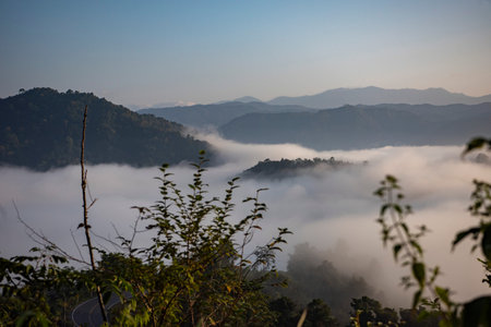 morning fog at Ban Yot Doi Pass near Ban Bo Kluea in Province of Nan in North Thailand. Thailand, Sapan, November, 21, 2024.のeditorial素材