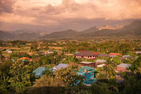 View over Pua Town with view to Doi Phu Kha National Park in Province of Nan in North Thailand....