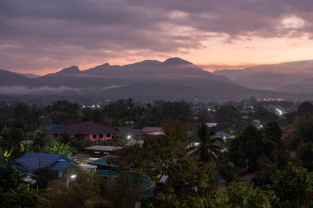 View over Pua Town with view to Doi Phu Kha National Park in Province of Nan in North Thailand. Thailand, Pua, November, 19, 2024.のeditorial素材