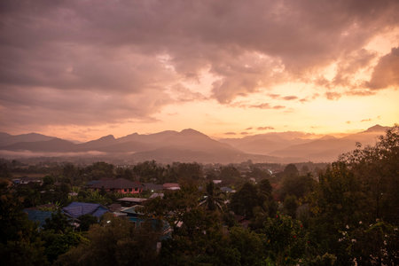 View over Pua Town with view to Doi Phu Kha National Park in Province of Nan in North Thailand. Thailand, Pua, November, 19, 2024.のeditorial素材