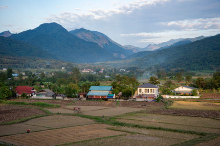 View over Pua Town with view to Doi Phu Kha National Park in Province of Nan in North Thailand. Thailand, Pua, November, 18, 2024.のeditorial素材