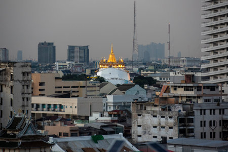 The Golden Mount Chedi of the Wat Saket with skyline in the City of Bangkok in Thailand. Thailand,...