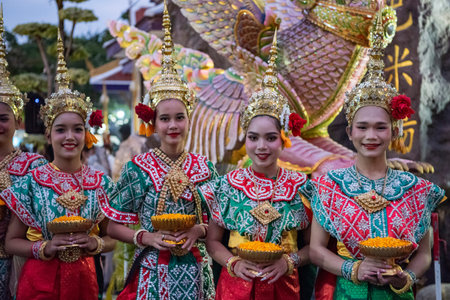 Traditional Thai Women at Opening Ceremony at Wat Saket Festival Fair in Bangkok in Thailand....