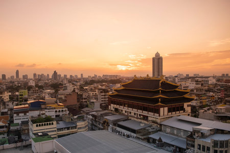 Wat Chaiyaphum Karam in China Town with skyline of City of Bangkok in Thailand. Thailand, Bangkok, November, 6, 2024.のeditorial素材