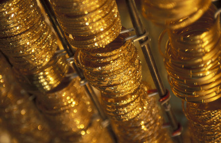 Gold Jewelry at a shop at Gold Souq in old town of Dubai at UAE in Gulf of Arabia. United Arab...