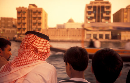 Ferry and Taxi Boats on Dubai Creek in old town in the city of Dubai in the UAE in the Gulf of...