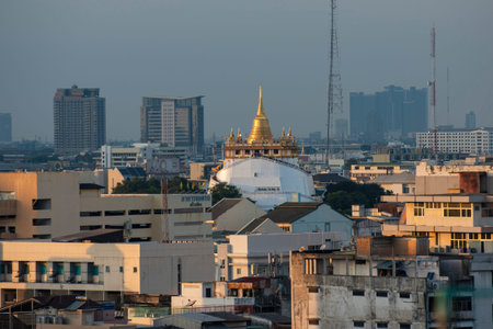 The Golden Mount Chedi of the Wat Saket with skyline in the City of Bangkok in Thailand. Thailand,...