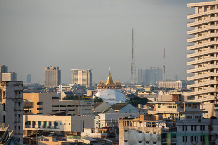The Golden Mount Chedi of the Wat Saket with skyline in the City of Bangkok in Thailand. Thailand,...
