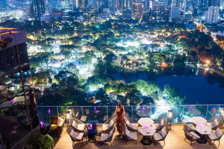 view from Rooftop Bar at SO Bangkok Hotel at Lumphini Park in City of Bangkok in Thailand. Thailand, Bangkok, December,10, 2024.のeditorial素材