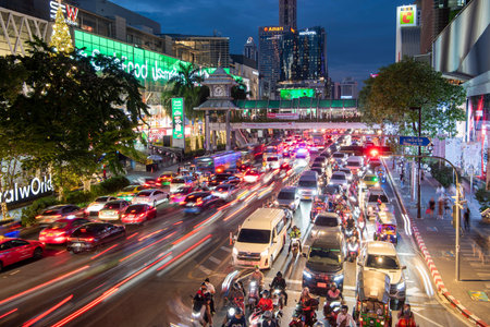 Traffic on Ratchadamri Road at Central World Mall in Siam in the City of Bangkok in Thailand....