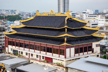 Wat Chaiyaphum Karam in China Town with skyline of City of Bangkok in Thailand. Thailand, Bangkok,...