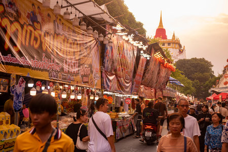 Thai Food Market at Golden Mount on Wat Saket Festival Fair in Bangkok in Thailand. Thailand,...