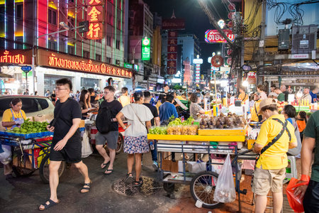 People and shops at Night Streetmarket on Yaowarat Road in Chinatown in City of Bangkok in Thailand. Thailand, Bangkok, November, 4, 2024.のeditorial素材