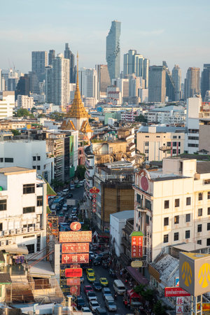 a view on Yaowarat Road in China Town with skyline in City of Bangkok in Thailand. Thailand,...