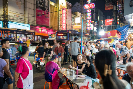 People at Night Streetmarket on Yaowarat Road in Chinatown in City of Bangkok in Thailand. Thailand, Bangkok, November, 5, 2024.のeditorial素材