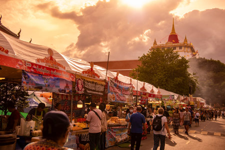 Thai Food Market at Golden Mount on Wat Saket Festival Fair in Bangkok in Thailand. Thailand,...