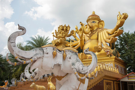 a three headed elephant figure at the Wat Mae Ya Som in the Province of Sa Kaeo in Thailand. Thailand, Sa Kaeo, November, 12, 2025のeditorial素材