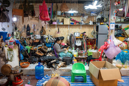 a bag recycling shop at Ban Khlong Luek Border Market in City of Aranyaprathet in Province of Sa Kaeo in Thailand. Thailand, Sa Kaeo, November, 14, 2025のeditorial素材