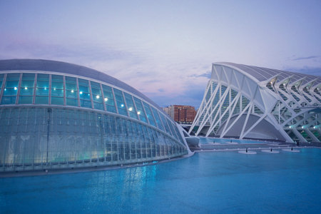 the architecture of l Hemisferic Imax Cinema Theater in the City of Arts and Sciences in the city of Valencia in Spain. Spain, Valencia, October, 2004のeditorial素材