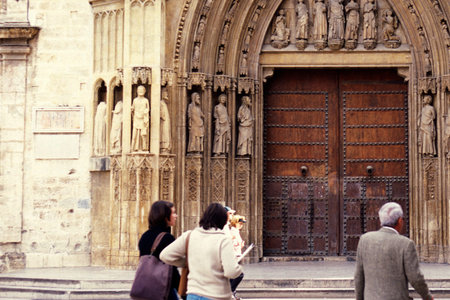 the door of the Cathedral La Seu de Valencia in the old town of Valencia in Spain. Spain, Valencia,...