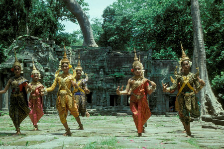 a khmer apsara Dance women at the Temple of Preah Khan in the Temple City of Angkor near the City of...