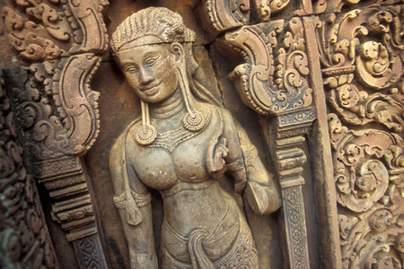 The Tempel Ruins of  Banteay Srei about 32 Km north of the Temple City of Angkor near the City of...