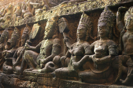 figures at the Temple Terrace of Elephants in the Temple City of Angkor near the City of Siem Reap...