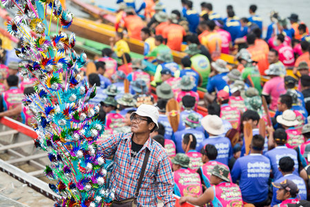 the tradititional Longboat Race at the Mun river of the town of Satuek north of the city Buri Ram in...