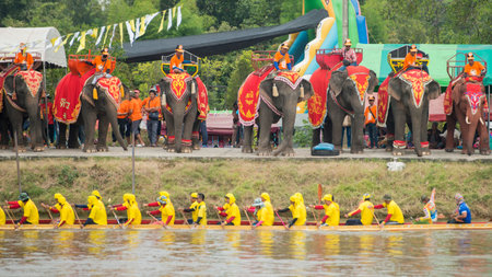 the tradititional Longboat Race at the Mun river of the town of Satuek north of the city Buri Ram in...
