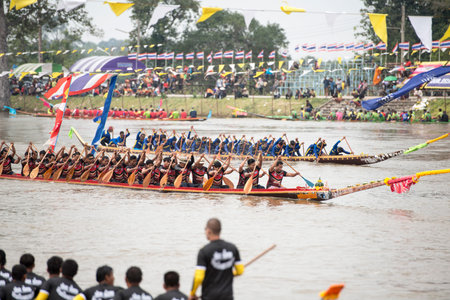 the tradititional Longboat Race at the Mun river of the town of Satuek north of the city Buri Ram in...