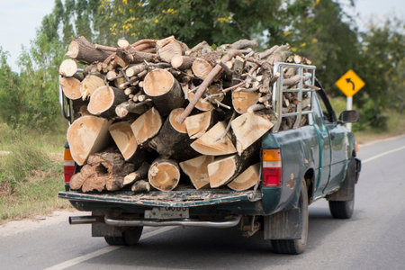 wood transport on a road near the city of Buriram in the province of Buri Ram in Isan in Northeast...