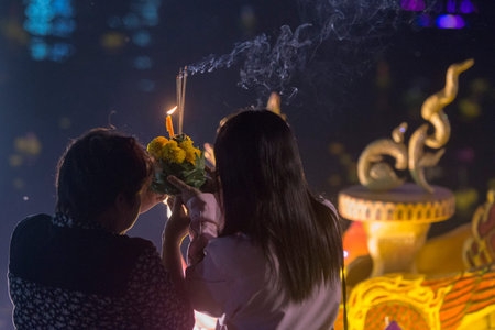 the Loy Krathong festival in the city of Buriram in the province of Buri Ram in Isan in Northeast...