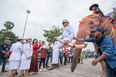 gouvernment people posing on a elephant at the tradititional Longboat Race at the Mun river of the town of Satuek north of the city Buri Ram in Isan in Northeast thailand.  Thailand, Buriram, November, 2017のeditorial素材