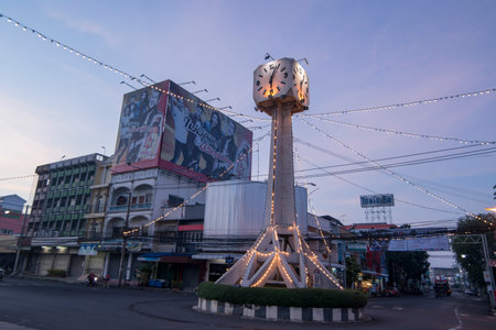 the clock tower  in the city centre of Buriram in the province of Buri Ram in Isan in Northeast...