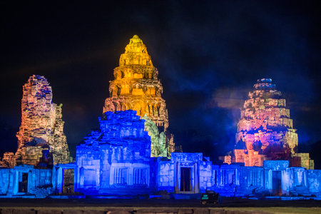 the sound and light show at the Khmer Temple Ruins at the Phimai Festival in  Phimai in the Provinz...